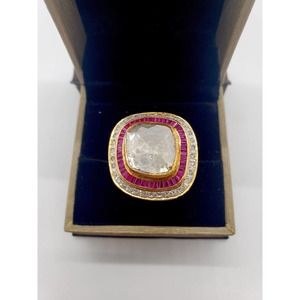 18K Yellow GOLD Ring With Uncut Diamond and Ruby and Diamonds